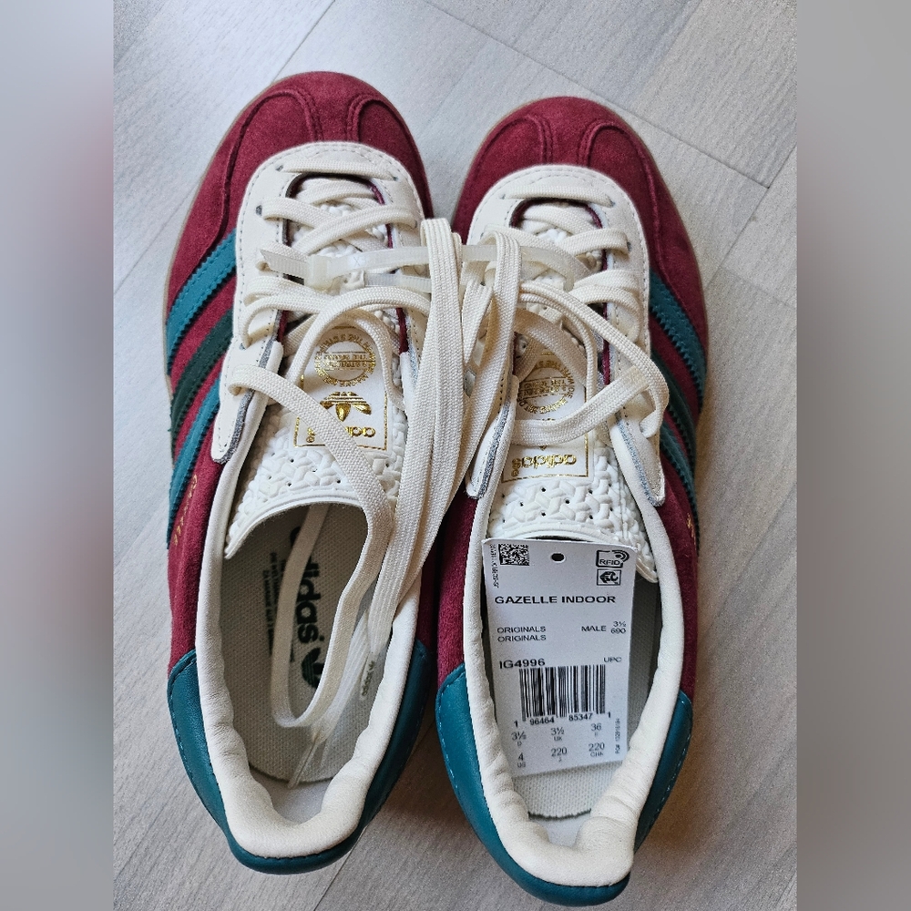 adidas Gazelle Indoor Sneakers in Burgundy, Teal, Cream